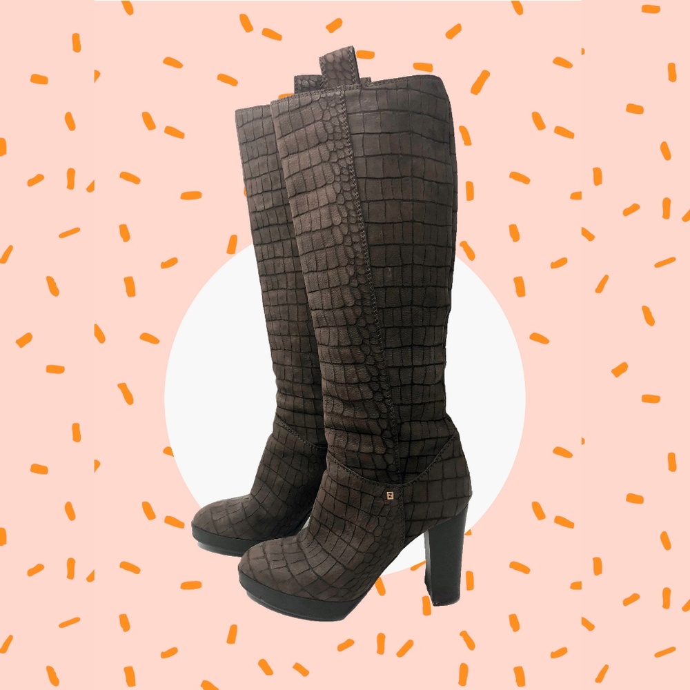 Fendi Brown Suede Croc Textured Knee High Boots